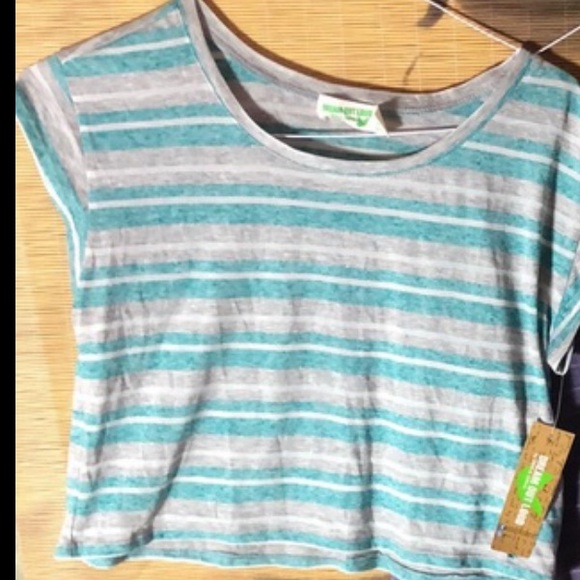 New top Short sleeve crop top blue gray white striped metallic thread nwt jr xs - Picture 4 of 9